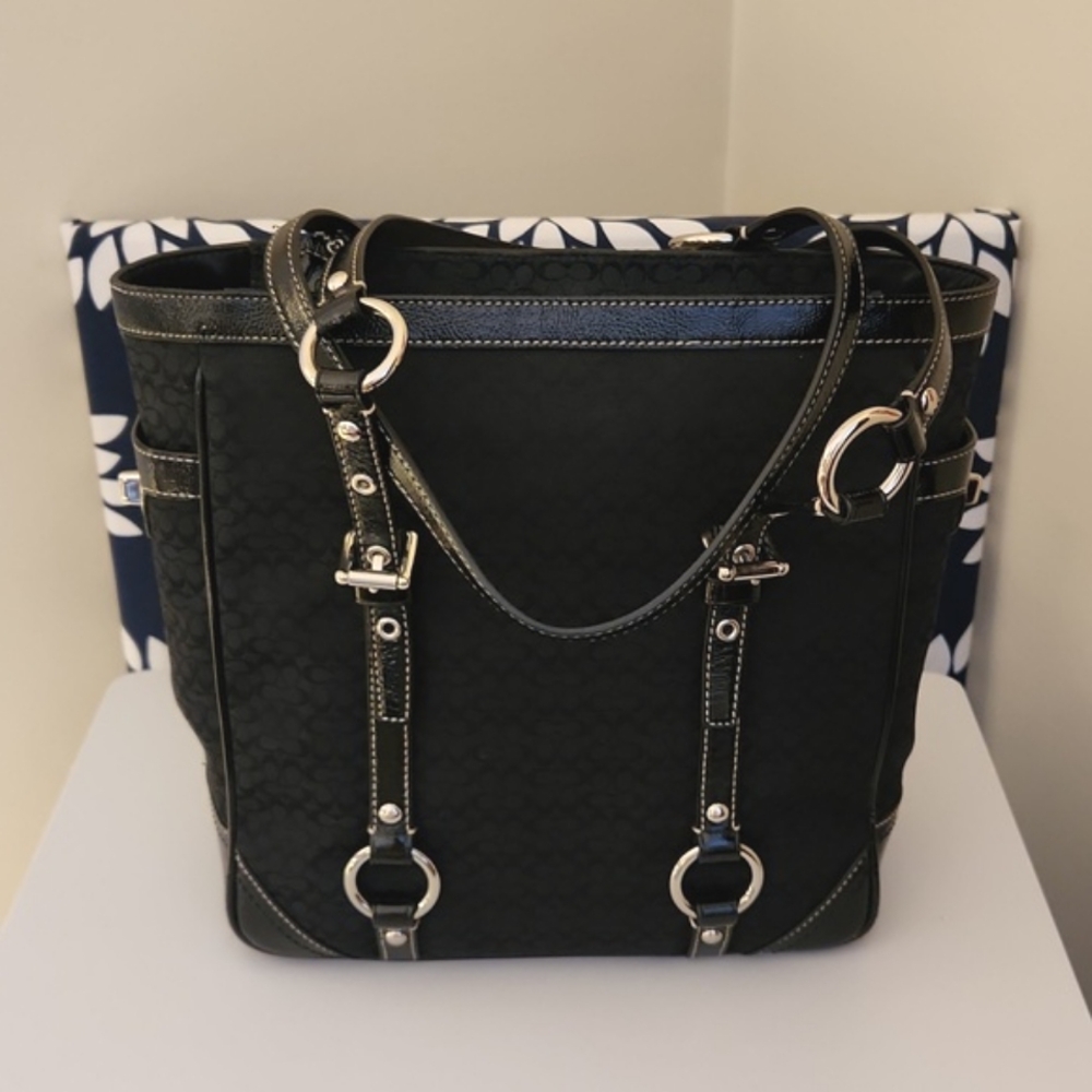 Coach Gallery Tote Shoulder Bag Signature Black Jacquard Patent Leather Silver - Picture 5 of 11